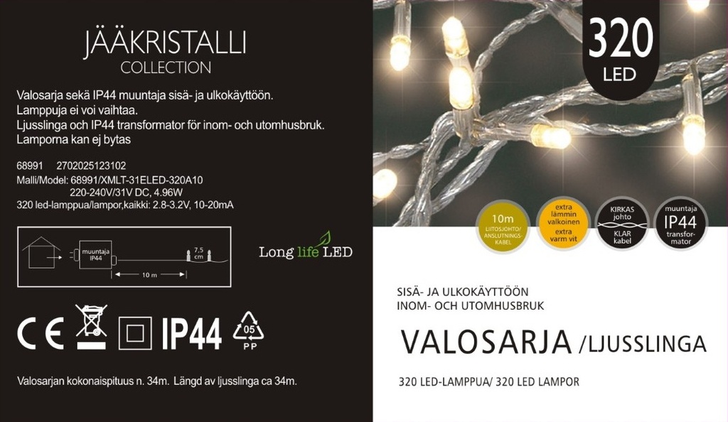 Jääkristalli Ulkovalosarja 320 Led, extra lämmin valkoinen