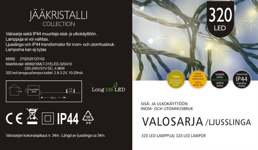 Jääkristalli Ulkovalosarja 320 Led, extra lämmin valkoinen