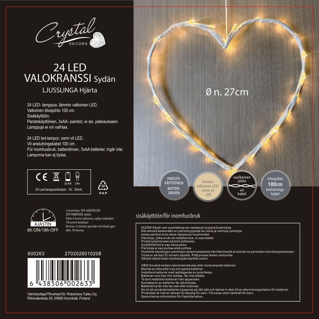Led-koristesydän 27cm 24 Led, lämmin valkoinen, paristokäyttöinen