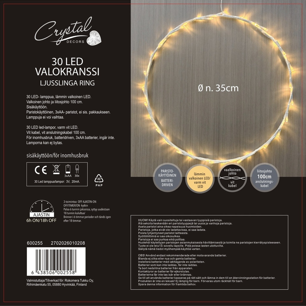 Led-valokranssi 35 cm 30 Led, lämmin valkoinen, paristokäyttöinen