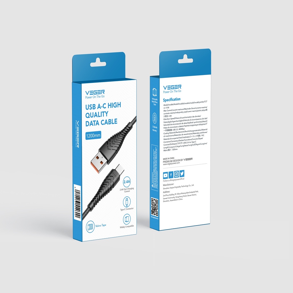 Veger Kaapeli USB A-C  5V3A/QC18W, 1,2M