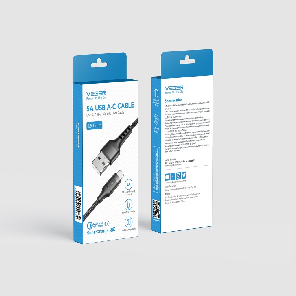 Veger Punottu Kaapeli USB A-C 5V5A 1,2M