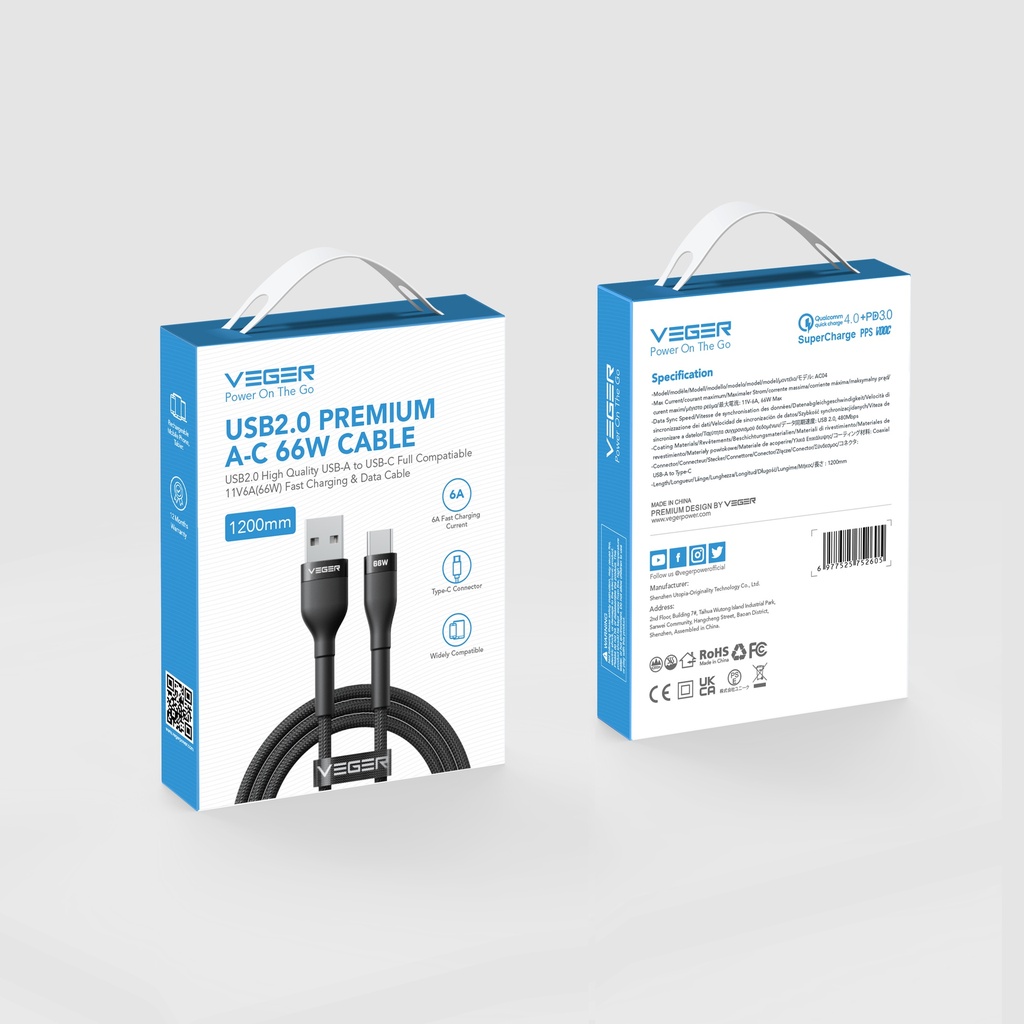 Veger Punottu Kaapeli USB A-C 66W 1,2M