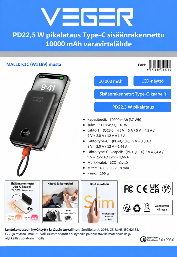 Veger K1C -varavirtalähde 10 000 mAh