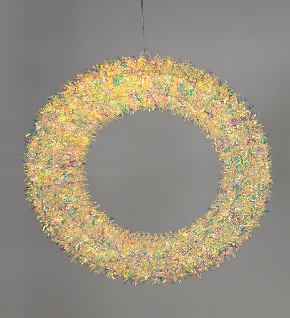 LED -valokranssi, 200L, 30x5x30 cm, lämmin valkoinen led, läpikuultavilla, monivärisillä PET -muovikoristeilla, heijastavat kauniisti pastellin sävyjä, lankavalosarjalla, lamppujen väli 5 cm, kirkas liitosjohto 5m, IP44 muuntaja, sisä- ja ulkokäyttöön
