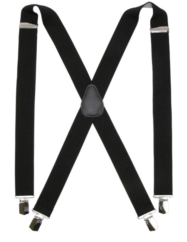 Henkselit, musta, leveys 3.5 cm, pituus 120 cm, 4 metallista klipsiä, säädettävä, nahkavahvike takana 