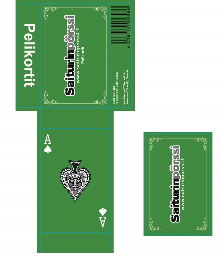 Pelikortit kauppiaan omalla logolla ( min tilaus määrä noin 5000kpl/logo = 50 ME ) -- kauppias: SAITURINPÖRSSI