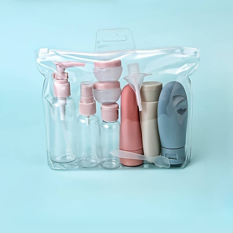 11 kpl matkasetti TRAVEL, jossa erikokoisia uudelleen täytettäviä pulloja. 
Spray Bottle:3.2*11.4CM,50ML
Flip-cap Bottle:2.8*8.5CM,30ML
Cream Jar:3.9*2.8CM,
