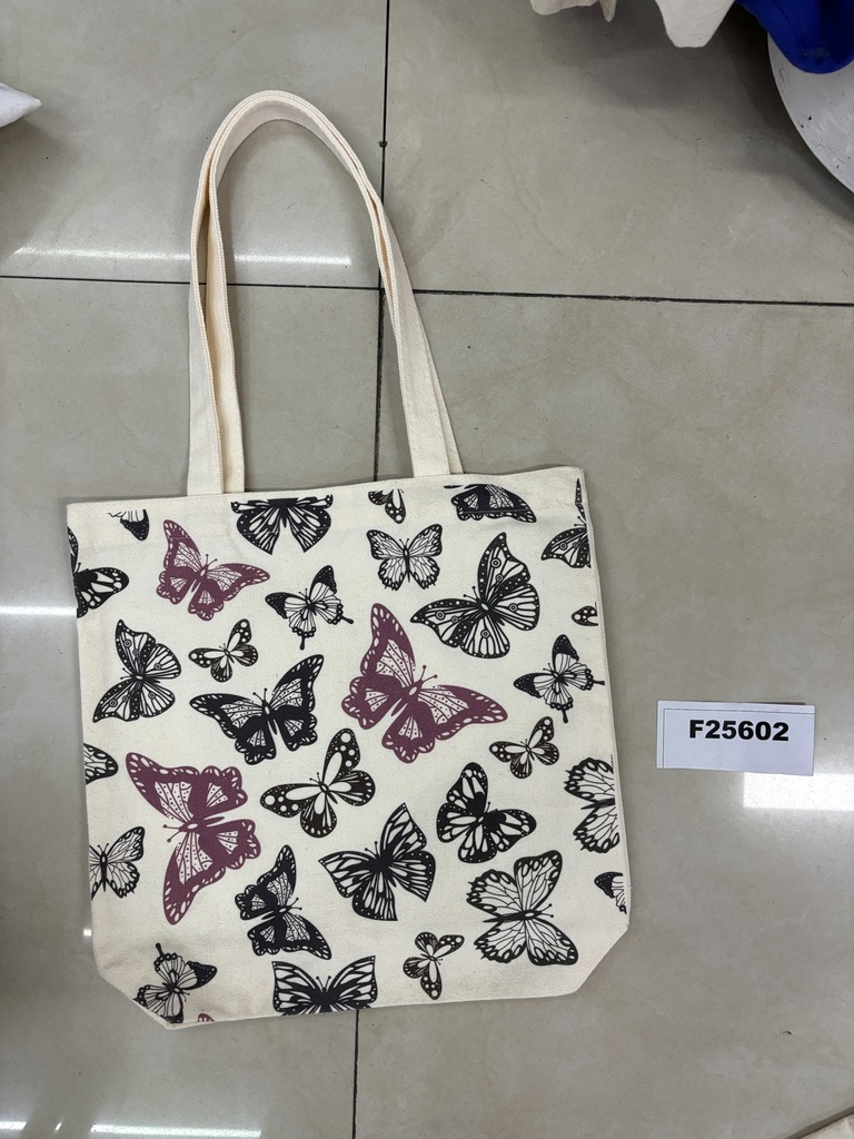 Olkalaukku/shopper tekstillä 34x36x8cm, 2-puoleinen perhos printti