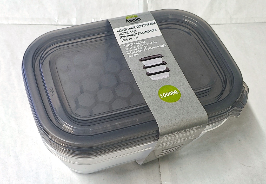 Kannellinen, muovinen säilytysrasiasetti 3kpl / pkt. 1000ml. Harmaa/ transparrent.
