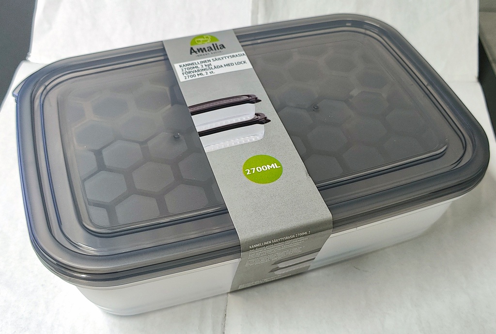 Kannellinen, muovinen säilytysrasiasetti 2kpl / pkt. 2700ml. Harmaa/ transparrent.
