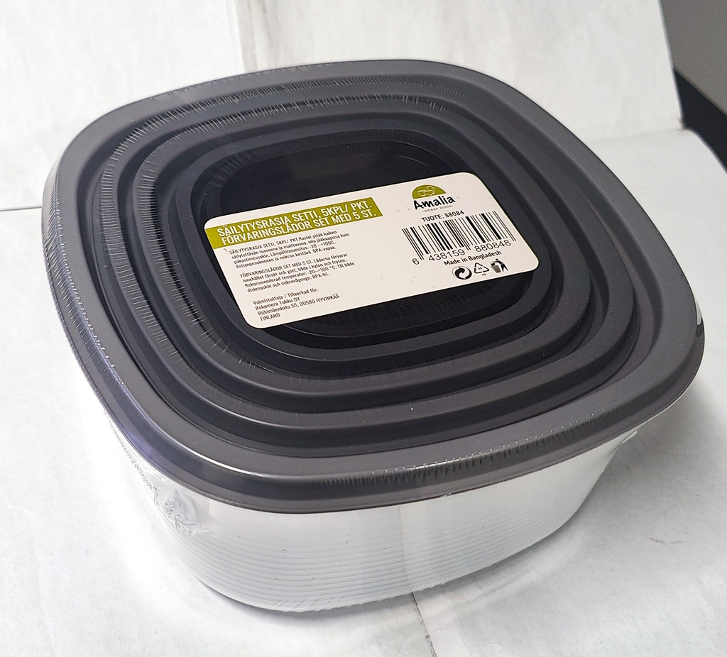 Spiraalikantinen säilytysrasiasetti 5 kpl/ pkt. 235 ml, 390 ml, 685 ml, 1140 ml ja 1930ml. Värinä v.harmaa/ v.beige / transparrent.
