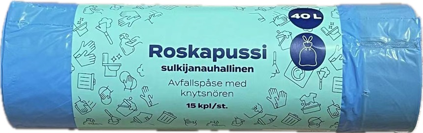 UUTUUS! Roskapussi sulkijanauhalla 40l, 15kpl/rll, sininen