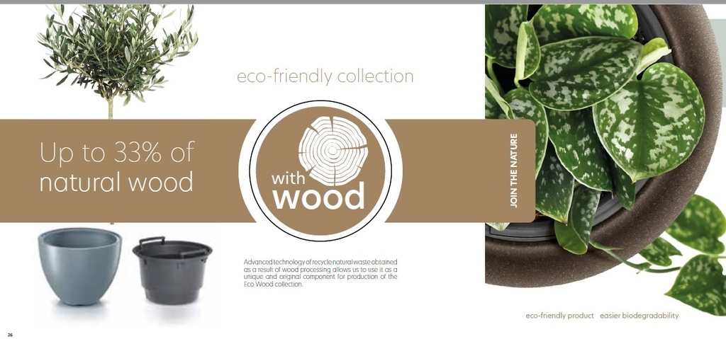 Heos Eco Wood -ruukku muovi/puu  298x298x230  ECO ANTRASIITTI