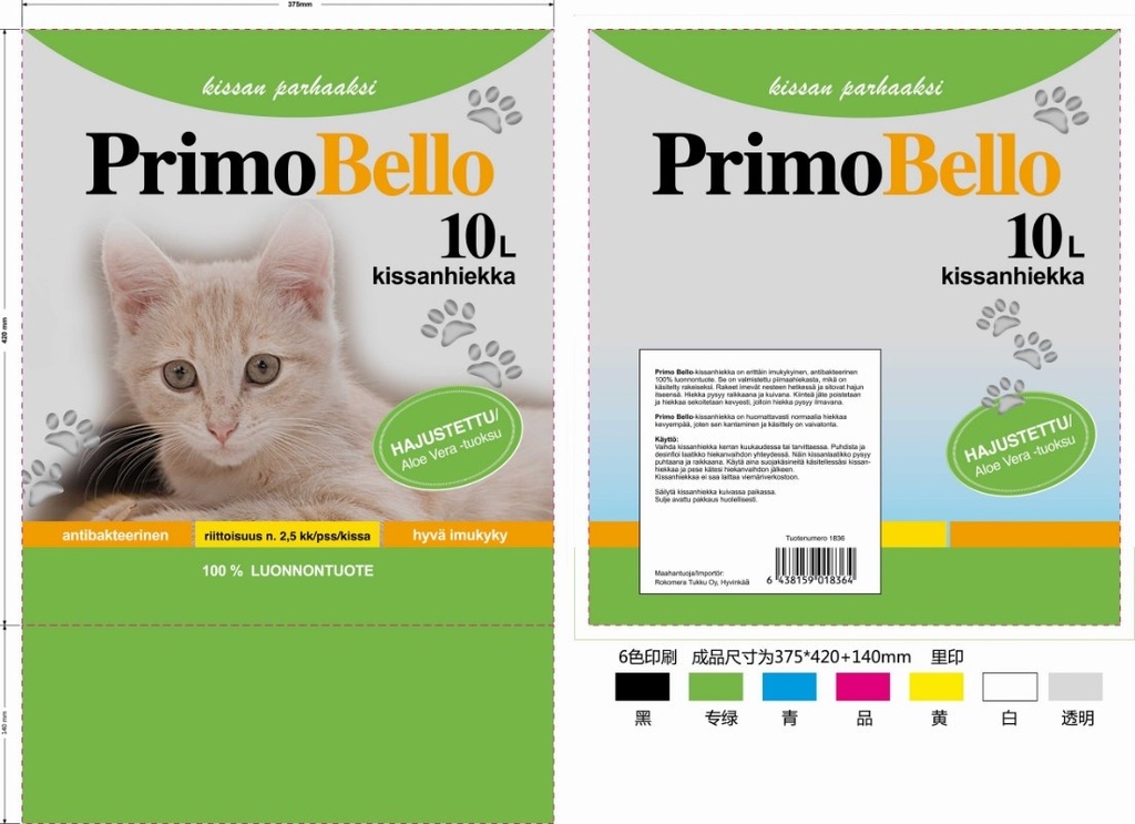 Primo Bello tuoksu ( Aloe Vera ) silica gel kissanhiekka 10L