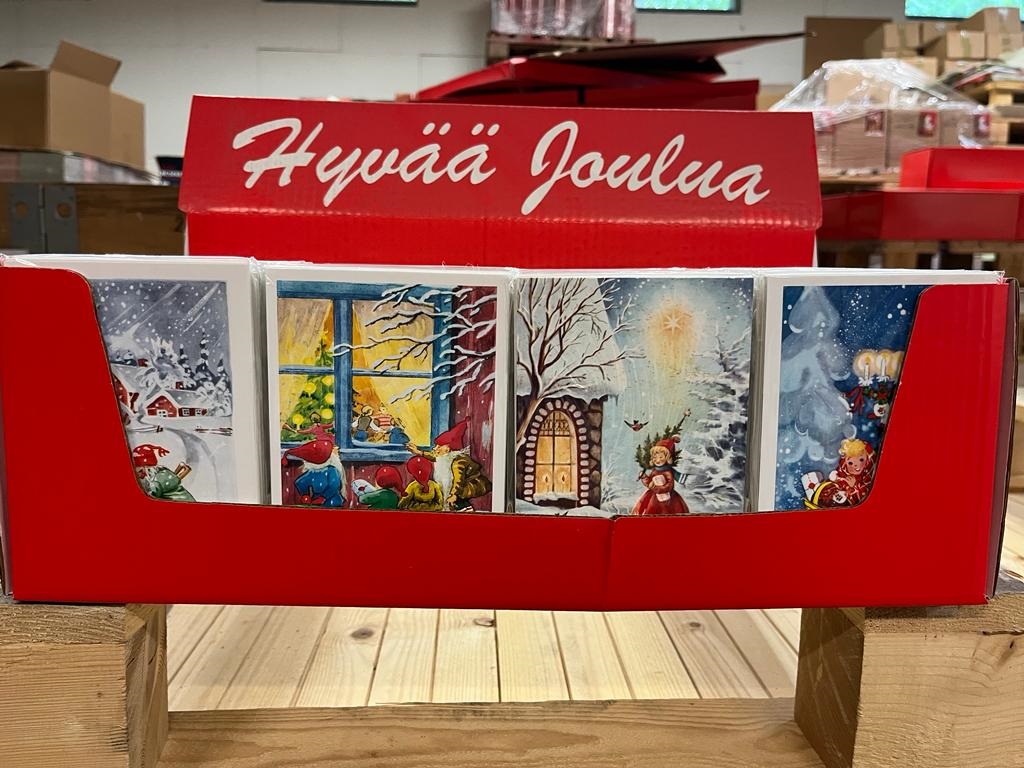 Joulukortti 1-os. Suomi tekstillä, pakattuna pöytä display 2000kortin lajitelma/display, n. 16-18-kuosia
