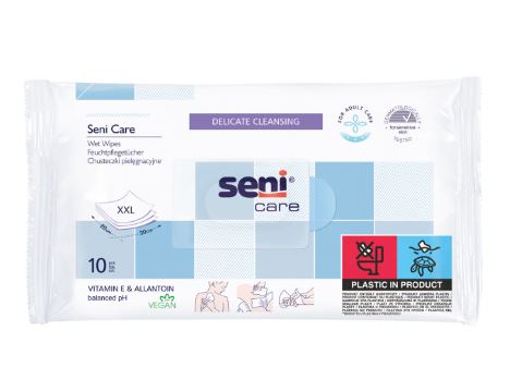 SENI CARE kosteuspyyhkeet, 10 kpl / pkt. Pyyhkeen koko 20x30 cm, joten soveltuvat vaikka päivittäispesun suorittamiseen. Ph 5,5