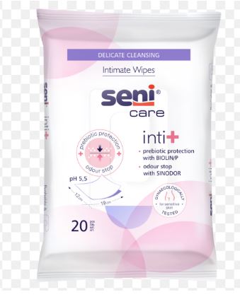 SENI CARE INTI+,  intiimialueiden kosteuspyyhe. Pyyhkeen koko 12x19cm. Ph 5,5