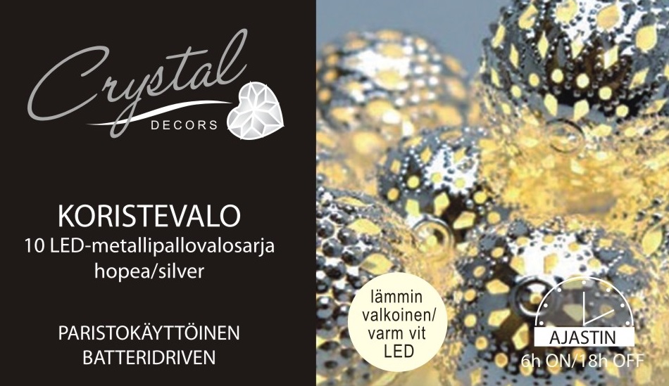 Metallipallovalosarja hopea 10 Led, lämmin valkoinen, paristokäyttöinen