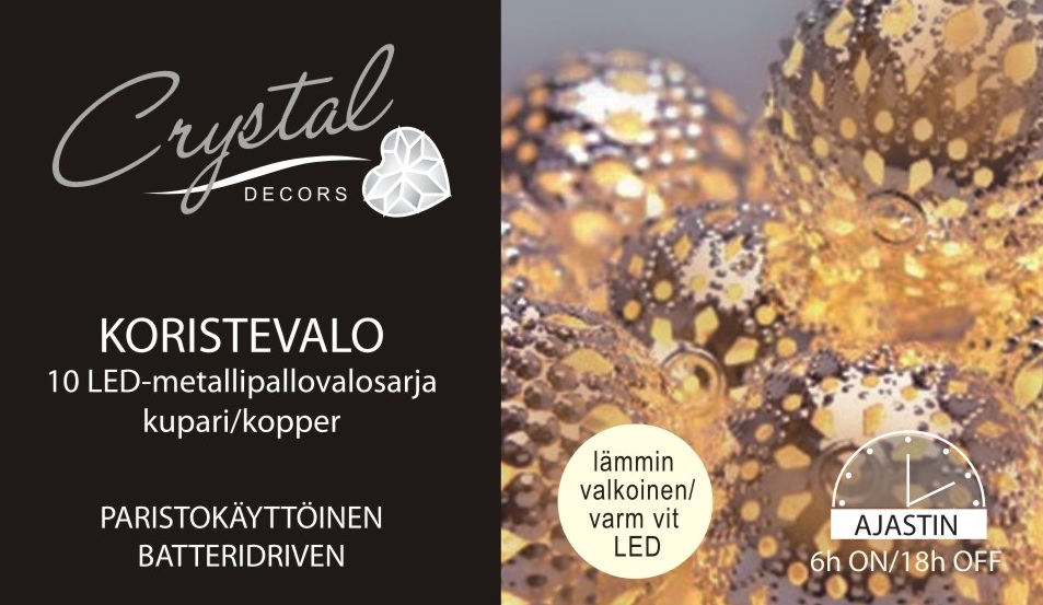 Metallipallovalosarja kupari 10 Led, lämmin valkoinen, paristokäyttöinen