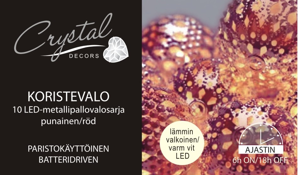 Metallipallovalosarja punainen 10 Led, lämmin valkoinen, paristokäyttöinen