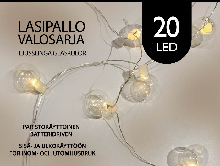 Lasipallo lankavalosarja 20 Led, lämmin valkoinen, paristokäyttöinen