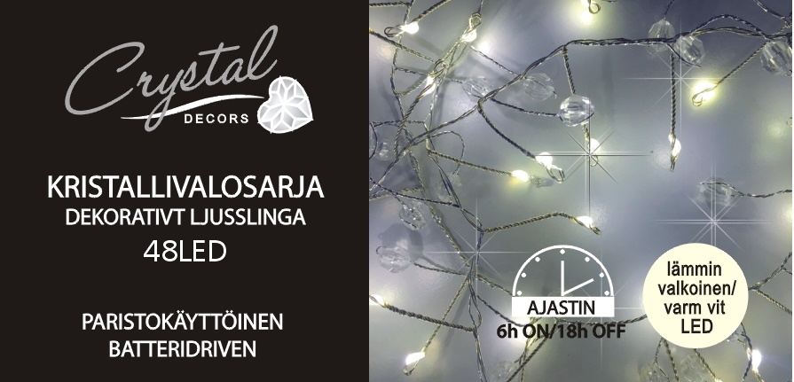 Kristalli Led-valosarja 48 Led, lämmin valkoinen, paristokäyttöinen
