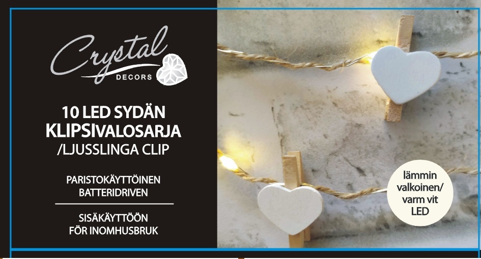 Sydänklipsi Led-valosarja hamppunarussa 10 Led, lämmin valkoinen, paristokäyttöinen