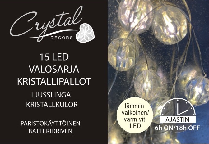Kristallipallo Led-valosarja 15 Led, lämmin valkoinen, paristokäyttöinen