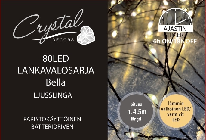 Paristokäyttöinen LED - lankavalosarja BELLA 80L, lämmin valkoinen led