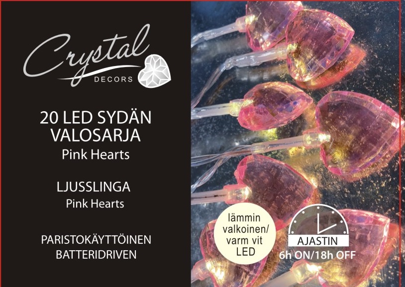 Sydän Led-valosarja pinkki 20 Led, lämmin valkoinen led, paristokäyttöinen (3 ME)