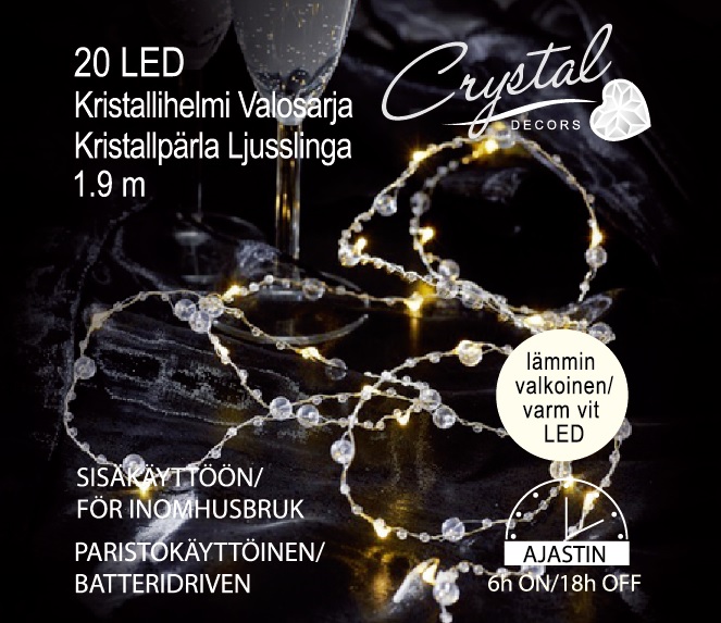Kristallihelmi Led-valosarja 20 Led, lämmin valkoinen, paristokäyttöinen