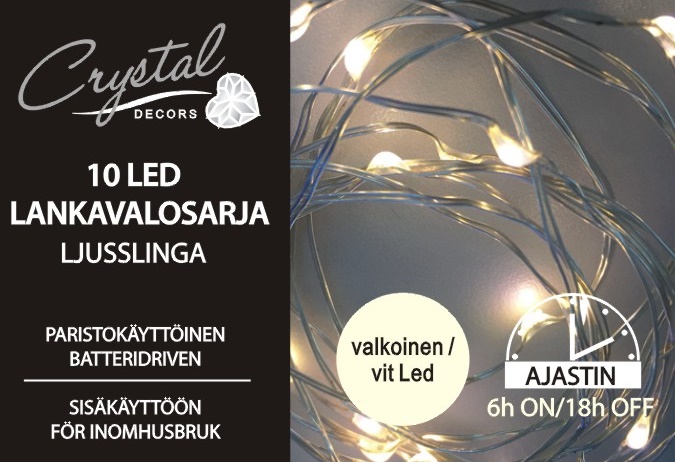 Paristokäyttöinen/AJASTIMELLA  Led Lankavalosarja 10L KYLMÄ VALKOINEN