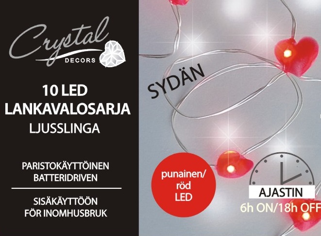 Sydän Led-Lankavalosarja 10 Led, paristokäyttöinen
