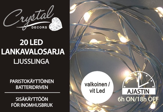 Paristokäyttöinen/AJASTIMELLA  Led Lankavalosarja 20L KYLMÄ VALKOINEN
