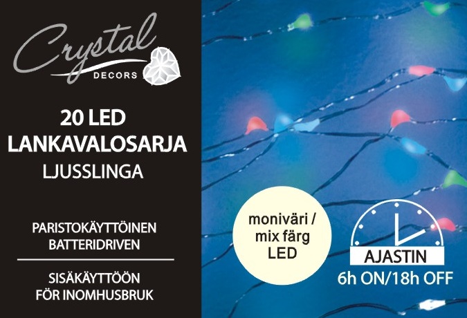 Paristokäyttöinen/AJASTIMELLA Led Lankavalosarja 20L MONIVÄRI LED