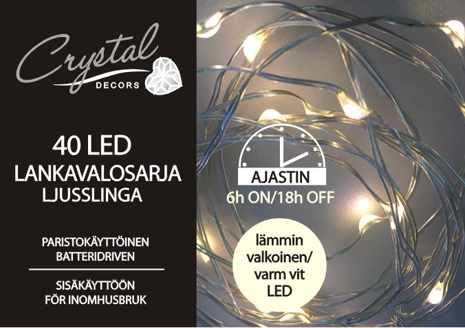 Led-Lankavalosarja 40 Led, lämmin valkoinen, paristokäyttöinen