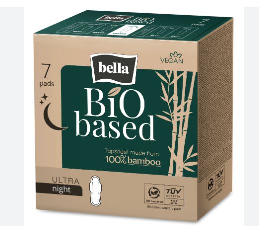 BIO BELLA siivellinen kuukautissuoja, Night, extra ohut.  7 kpl/ pkt. Suojan päällinen  100% bambua.