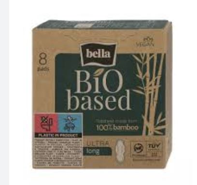 BIO BELLA siivellinen kuukautissuoja, MAXI, extra ohut.  8 kpl/ pkt. Suojan päällinen  100% bambua.