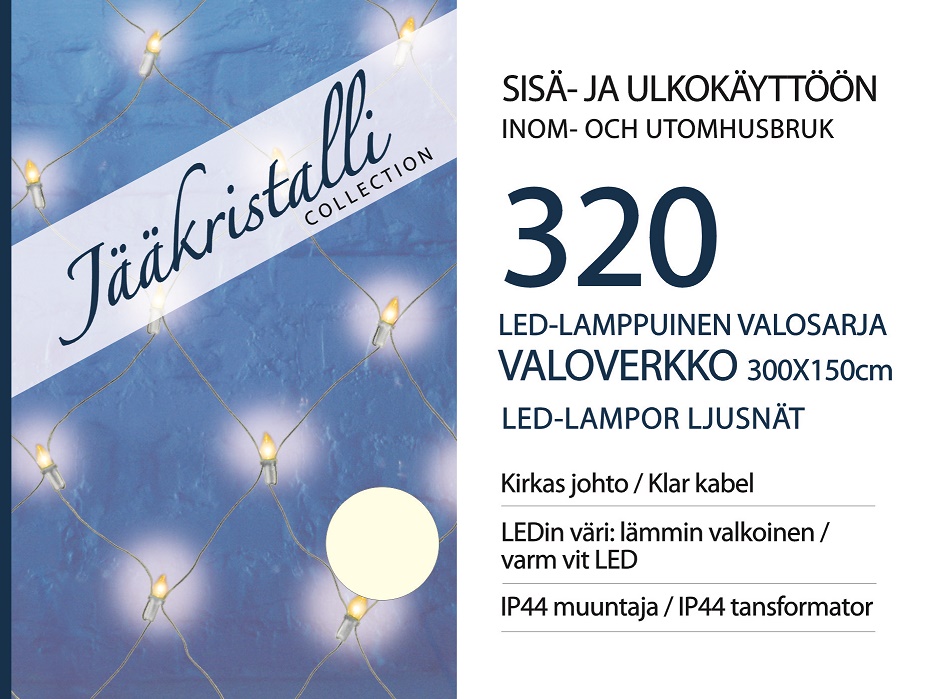Jääkristalli Valoverkko 3x1,5m 320 Led, lämmin valkoinen