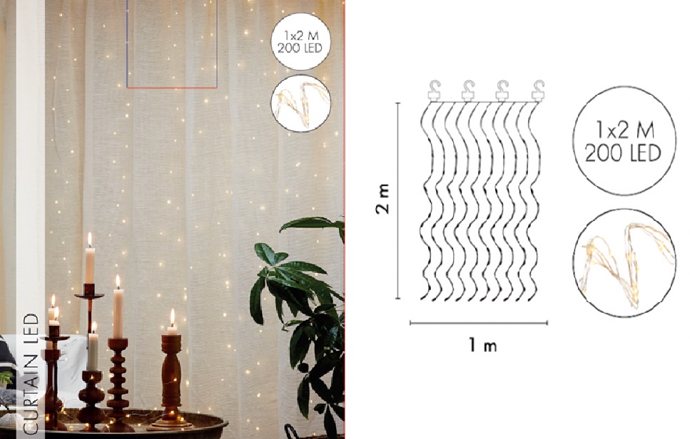 Jääkristalli Valoverho 1x2m 200 Led, lämmin valkoinen (2 ME)
