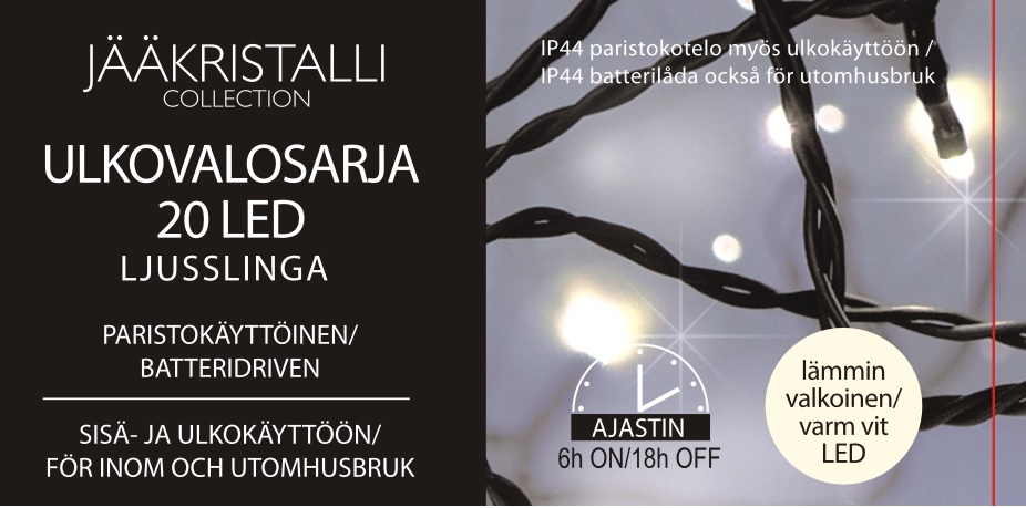 Ulkovalosarja 20 Led, lämmin valkoinen, paristokäyttöinen (15 ME)