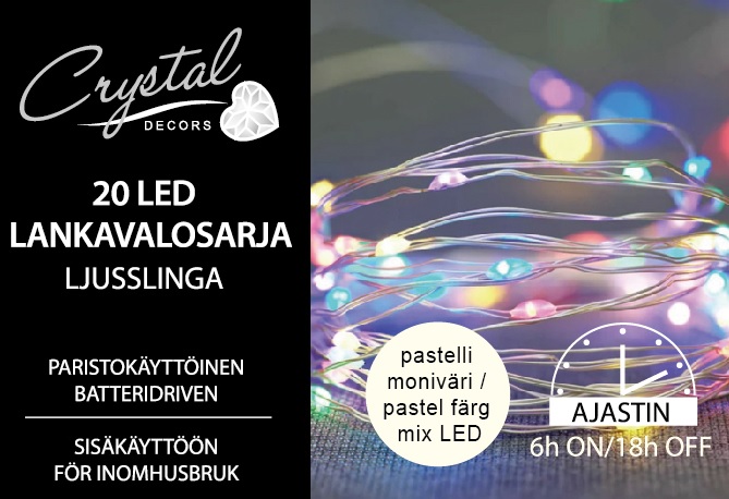 Moniväri pastelli Led-lankavalosarja 20 Led, paristokäyttöinen