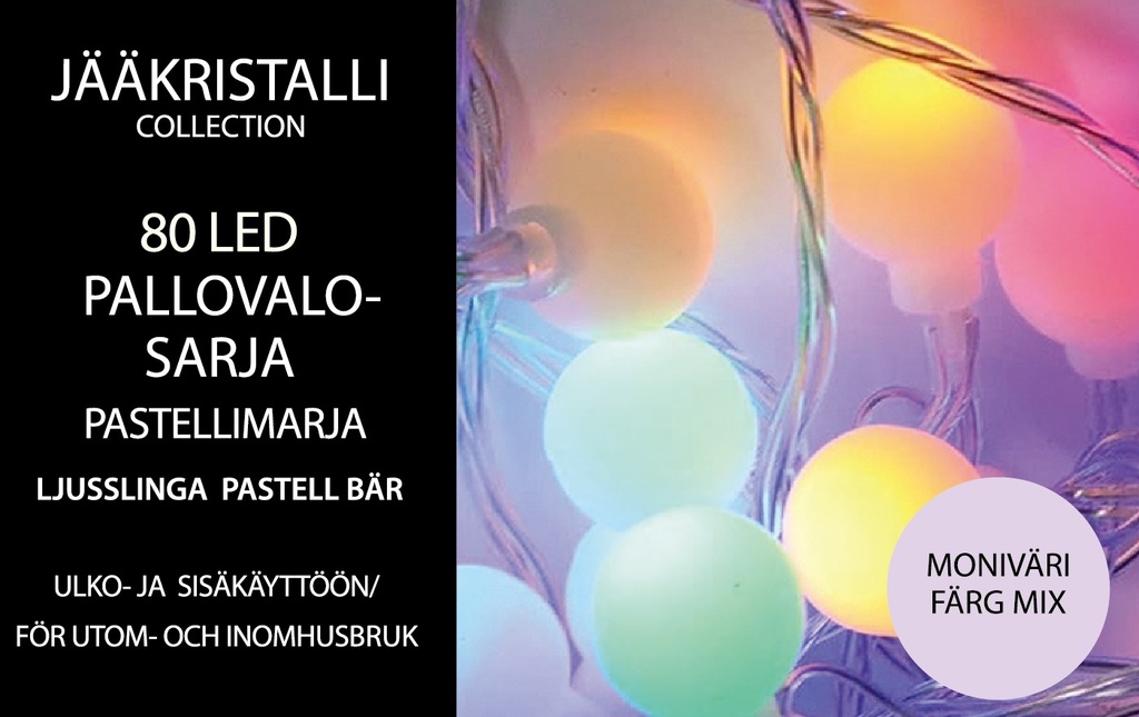 Pastellimarja Led-pallovalosarja 80 Led, moniväri