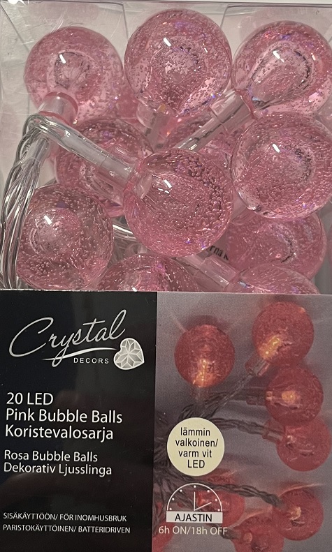 Bubble Ball pink Led-pallovalosarja 20 Led, paristokäyttöinen (2 ME)