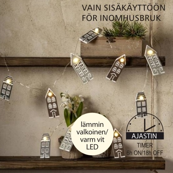 Paristokäyttöinen LED -koristevalosarja Puiset talot, 10L lämmin valkoinen LED
