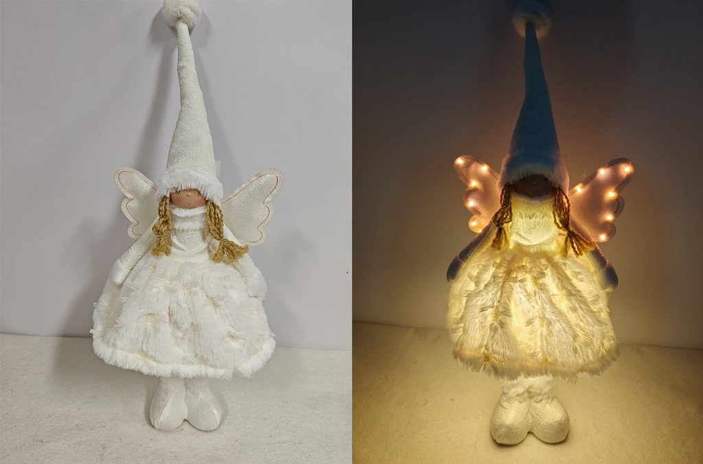 Enkeli valkoisessa turkismekossa, Led-valoilla, korkeus 50 cm